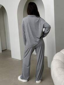 Damska Wiosna Lato Jednorzędowa Bluzka Z Długim Rękawem I Spodnie Zestaw Casual Homewear - Jasnoszary - Zobacz 2