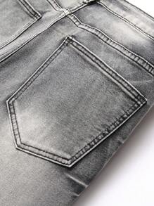 Manfinity LEGND Men's Front Button Pocket Frayed Hem Print Casual Denim Jeans, Frayed Jeans Plain Slim Fit Long Light Grey Acid Wash Cargo Jeans, For Husband, Boyfriend Gifts