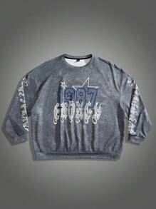 Manfinity VCAY Plus Size Men's Loose Letter & Number Print Crew Neck Long Sleeve Sweatshirt, For Fall Winter - Multicolor - View 1