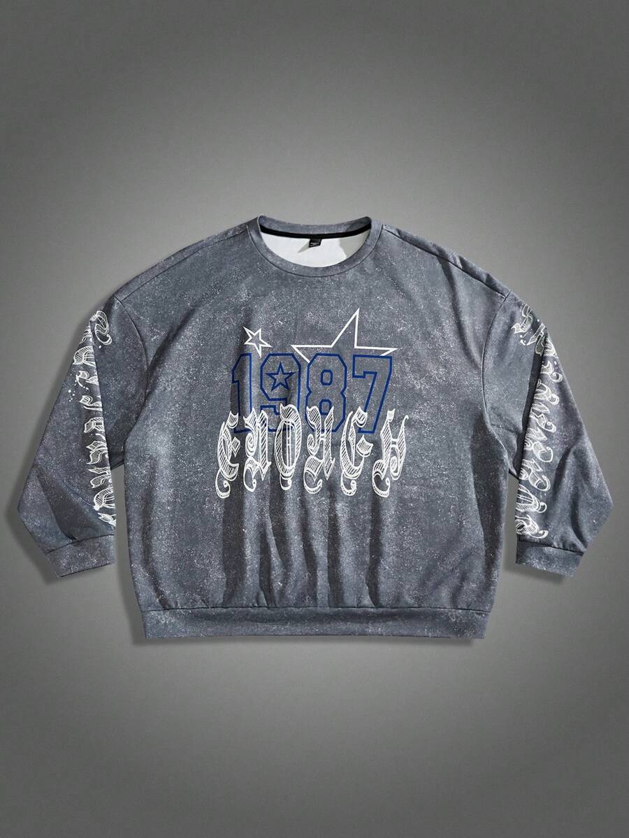 Manfinity VCAY Plus Size Men's Loose Letter & Number Print Crew Neck Long Sleeve Sweatshirt, For Fall Winter - Multicolor - View 1