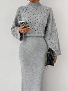 SHEIN LUNE 长袖休闲优雅女士针织长裙 - 灰色 - 查看 5