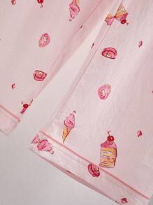 仿丝蛋糕和冰淇淋印花翻领短袖睡衣套装 - 彩色 - 查看 7