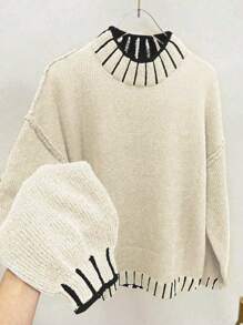 Chiquease 秋冬休闲圆领拼色条纹立领宽松针织毛衣 - 白色 - 查看 3