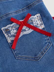 SHEIN MOD Women Casual Patchwork Embroidered Mesh Bowknot Decor Flared Jeans