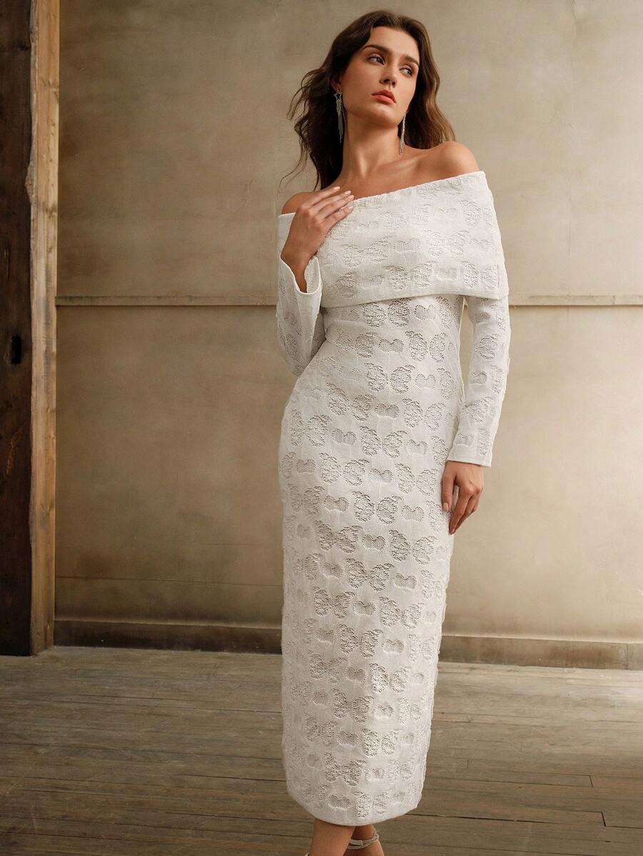 Anewsta Váy thanh lịch họa tiết bướm 3D có cổ một bên vai - trắng - Xem 1