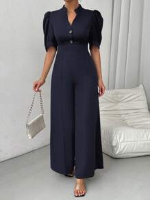 Chiquease Mono de pierna ancha con cuello en V, mangas abullonadas y cintura ceñida para mujer, verano
