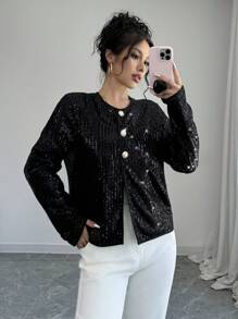 Chiquease Women's Round Neck Sparkling Long Sleeve Short Jacket For Party, Autumn & Winter