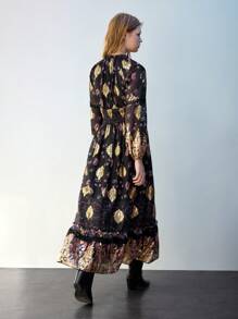 Maija Vintage Print Ruffled Hem Pleated Long Dress, Suitable For Spring/Summer Resort, Beach Festival