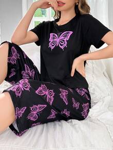 2 pièces/Set Ensemble de pyjama femme avec haut court manches courtes imprimé papillon et pantalon 3/4 - Noir - Voir 7