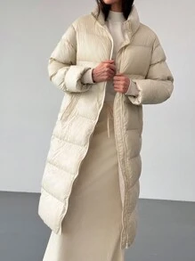 Aloruh Minimalist Commuter Apricot Long Sleeve Wind Resistant Warm Stand Collar Long Women Winter Coat - Apricot - View 4
