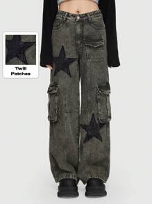 ROMWE Grunge Punk Pantalones vaqueros tipo cargo para novio con bolsillos con solapa y estampado de estrellas, para la escuela