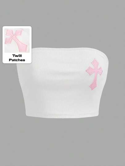 Goth Débardeur tubulaire à côtes avec broderie croix pour femme, école