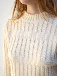 SHEIN Maija 女士休闲立领流苏下摆麻花针织毛衣秋冬季 - 白色 - 查看 10