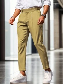 Manfinity Bizformal Pantalones casuales rectos y sueltos con pliegues de unicolor para hombre, apropiados para ir al trabajo - Mostaza Amarilla - Ver 5
