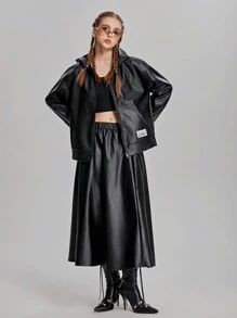 SHEIN مجموعة من جاكيت مزود بكابوت وسحاب وتنورة من لون موحد 2 قطعة للمراهقات - الأسود - مشاهدة 4