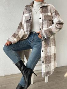 EMERY ROSE Women's Grid Pattern Dropped Shoulder Long Sleeve Utility Patch Pocket Plus Fleece Thick Lined Long Casual Jacket For Fall/Winter - Khaki - View 3