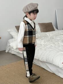 SHEIN 2 件套年轻男孩休闲格子拼布长袖上衣和裤子套装，春秋季 - 彩色 - 查看 10