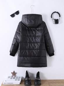 SHEIN Áo khoác dài lót nhiệt ấm áp có mũ trùm đầu giản dị tối giản cho bé gái tuổi mới lớn - màu đen - Xem 2