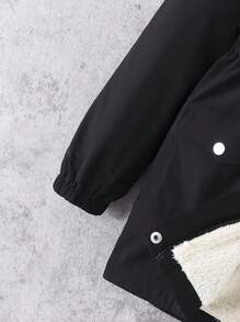 SHEIN Leap Crew Tween Girls Fluffy Lined Hooded Midi Loose Comfy Jacket - Black - View 3