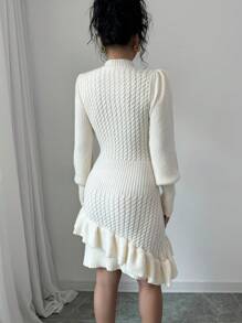 Elenzga 女士纯色泡泡袖荷叶边下摆针织毛衣裙，节日气氛