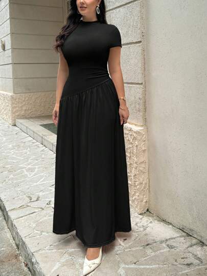 SHEIN Privé Plus Size Elegant Simple Everyday Slimming Distinctive Solid Color Short Sleeve Slim Stand Collar Asymmetric A-Line Ruched Waist Women's Apricot Dress