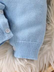 SHEIN Bộ đồ liền quần áo len dệt kim màu trơn cho bé trai có mũ trùm đầu - Màu xanh nhạt - Xem 5