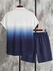 Manfinity Chillmode 2pcs Men's Vacation Style Palm Tree Ombre Print Short Sleeve Shirt And Drawstring Waist Shorts Set, Summer