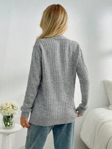 SHEIN Cottnline Women Solid Color Rib Knit Hairy Yarn Front Button Cardigan - Light Grey - View 3