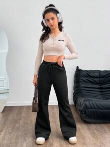 SHEIN Leap Crew Teen Girls Loose Knit Drawstring Waist Casual Daily Sports Comfortable Flared Pants - Black - View 5