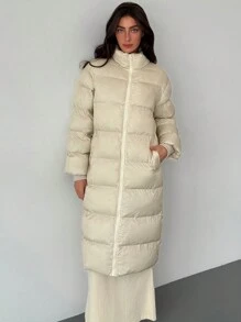 Aloruh Minimalist Commuter Apricot Long Sleeve Wind Resistant Warm Stand Collar Long Women Winter Coat - Apricot - View 1