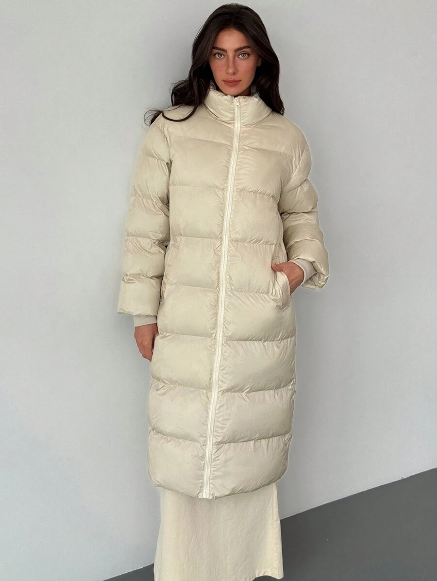 Aloruh Minimalist Commuter Apricot Long Sleeve Wind Resistant Warm Stand Collar Long Women Winter Coat - Apricot - View 1