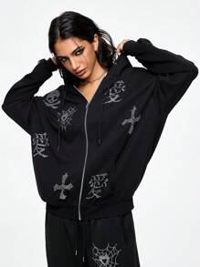 ROMWE Grunge Punk Bộ 2 áo crop top và quần short họa tiết đầu lâu và trái tim đính đá phong cách Y2K dành cho nữ - màu đen - Xem 4