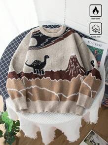 Claim Dot Men's Casual Dropped Shoulder Dinosaur Pattern Sweater, Fall/Winter, Dinosaur Sweater, Men Graphic Sweater, Men Pullover Sweater, Fleece Sweater, Men Knit Sweater - Khaki - View 1