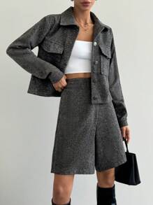 SHEIN Tall Women's Flap Detail Crop Jacket & Wrap Skort - Multicolor - View 6