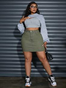 SHEIN SXY Plus Size Women's Casual Pocket Bodycon Denim Skirt - Green - View 4