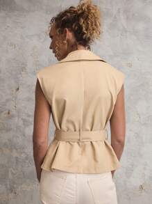 SHEIN Unity Women's Solid Color Double-Breasted Belted Sleeveless Blouse - Khaki - View 6