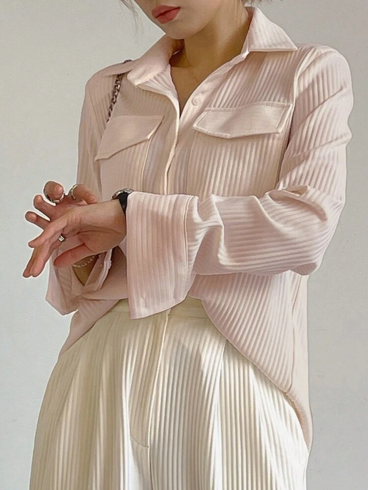 Women Loose Collar Patchwork Pocket Casual T-Shirt Blouse,Fall Clothes Long Sleeve Women Tops