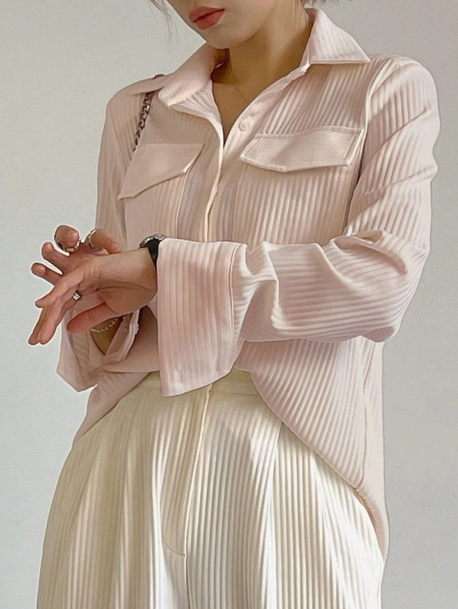 Women Loose Collar Patchwork Pocket Casual T-Shirt Blouse,Fall Clothes Long Sleeve Women Tops - Apricot - View 1