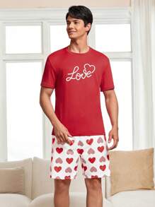 Men's Short Sleeve T-Shirt And Shorts Pajama Set With English Heart Print - Red - View 4