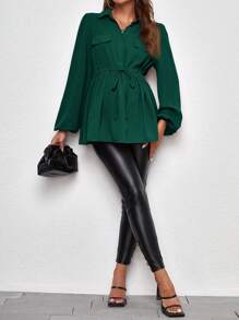 SHEIN Maternity Solid Color Button Down Drawstring Casual Long Sleeve Shirt