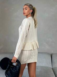 Chiquease 2pcs Women's Solid Color Bow Decor Long Sleeve Ruffle Cardigan And Knitted Midi Skirt Casual Set, Fall/Winter