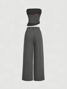 SHEIN MOD 女士纯色不对称下摆抹胸阔腿裤宽松套装，休闲秋季 - 灰色 - 查看 2