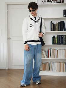 Manfinity EZcore 男士休闲学院风条纹边饰长袖毛衣，秋冬款 - 白色 - 查看 4