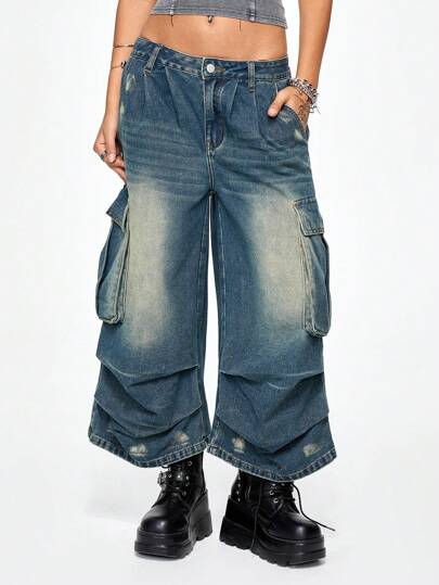 Grunge Punk Vintage Distressed Wide Leg High-Waisted Cargo Pocket Capri Jeans