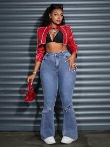 SHEIN SXY Enge Schlaghose aus Stretch-Denim mit Herz- und Sonnenschnallendekor in Übergröße