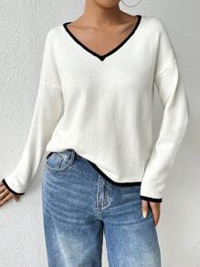 Chiquease 女士休闲V领撞色滚边宽松毛衣（不含衬衫）针织套头衫 秋冬 - 白色 - 查看 5