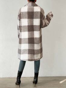 EMERY ROSE Women's Grid Pattern Dropped Shoulder Long Sleeve Utility Patch Pocket Plus Fleece Thick Lined Long Casual Jacket For Fall/Winter - Khaki - View 2