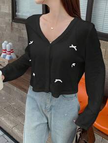 DAZY 女士蝴蝶结装饰镂空长袖夹克 - 黑色 - 查看 3