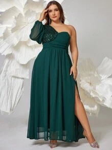 SHEIN Belle Plus Size Christmas Ball Gown (Heavy-Duty), Elegant Long Sleeve Semi Formal Prom Dress, For Birthday, Wedding Guest, Graduation Homecoming - Dark Green - View 3