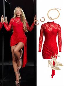 SHEIN BAE Vestito lungo in pizzo rosso trasparente con maniche lunghe e fiocco, adatto per Ognissanti, locali notturni, appuntamenti serali, cerimonie - Bordeaux - Rosso - Visualizzare 7